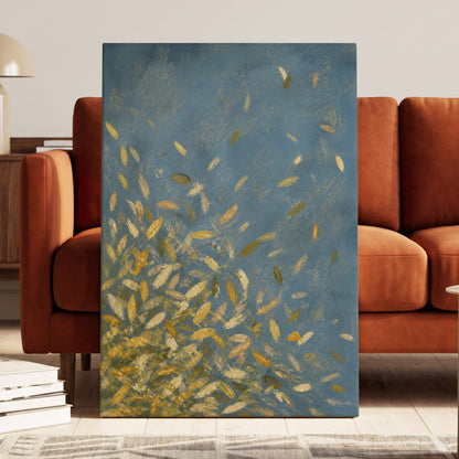 Golden Drift, blue, gold, beige nature wall art displayed in a styled interior, gallery view 3