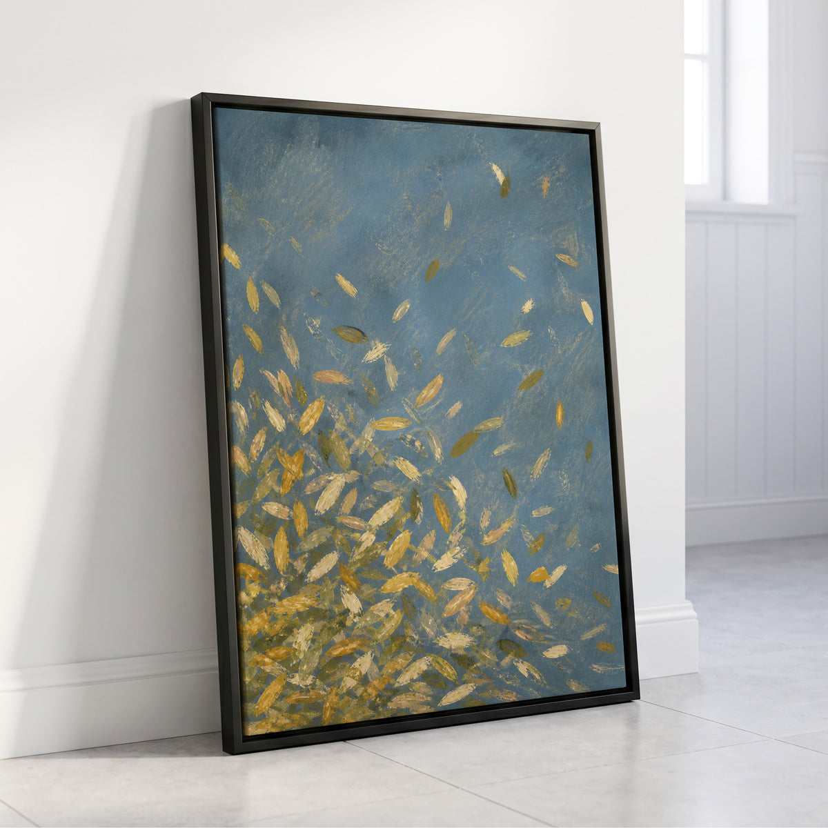 Golden Drift, blue, gold, beige nature wall art displayed in a styled interior, gallery view 4
