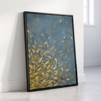 Golden Drift, blue, gold, beige nature wall art displayed in a styled interior, gallery view 4
