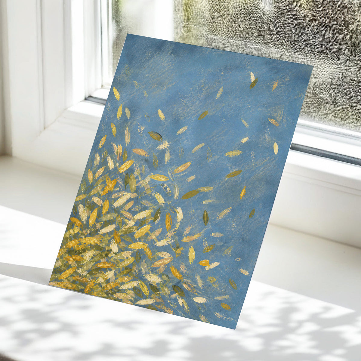 Golden Drift, blue, gold, beige nature wall art displayed in a styled interior, gallery view 5