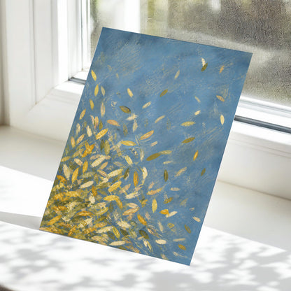 Golden Drift, blue, gold, beige nature wall art displayed in a styled interior, gallery view 5
