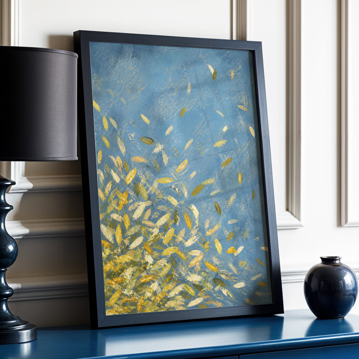 Golden Drift, blue, gold, beige nature wall art displayed in a styled interior, gallery view 6