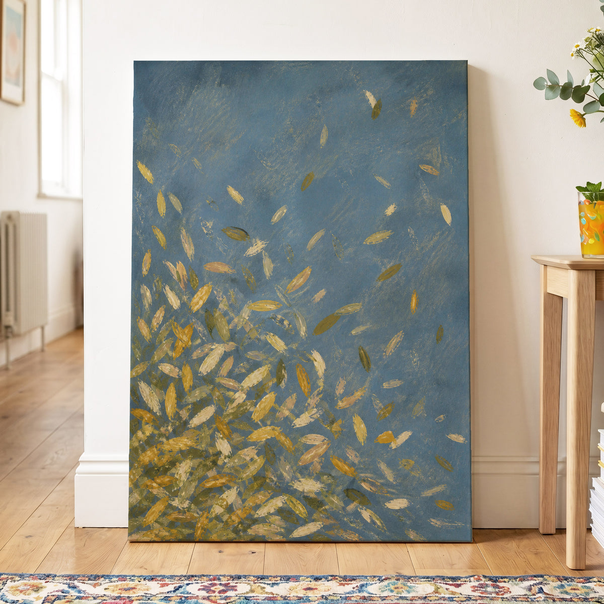 Golden Drift, blue, gold, beige nature wall art displayed in a styled interior, gallery view 7