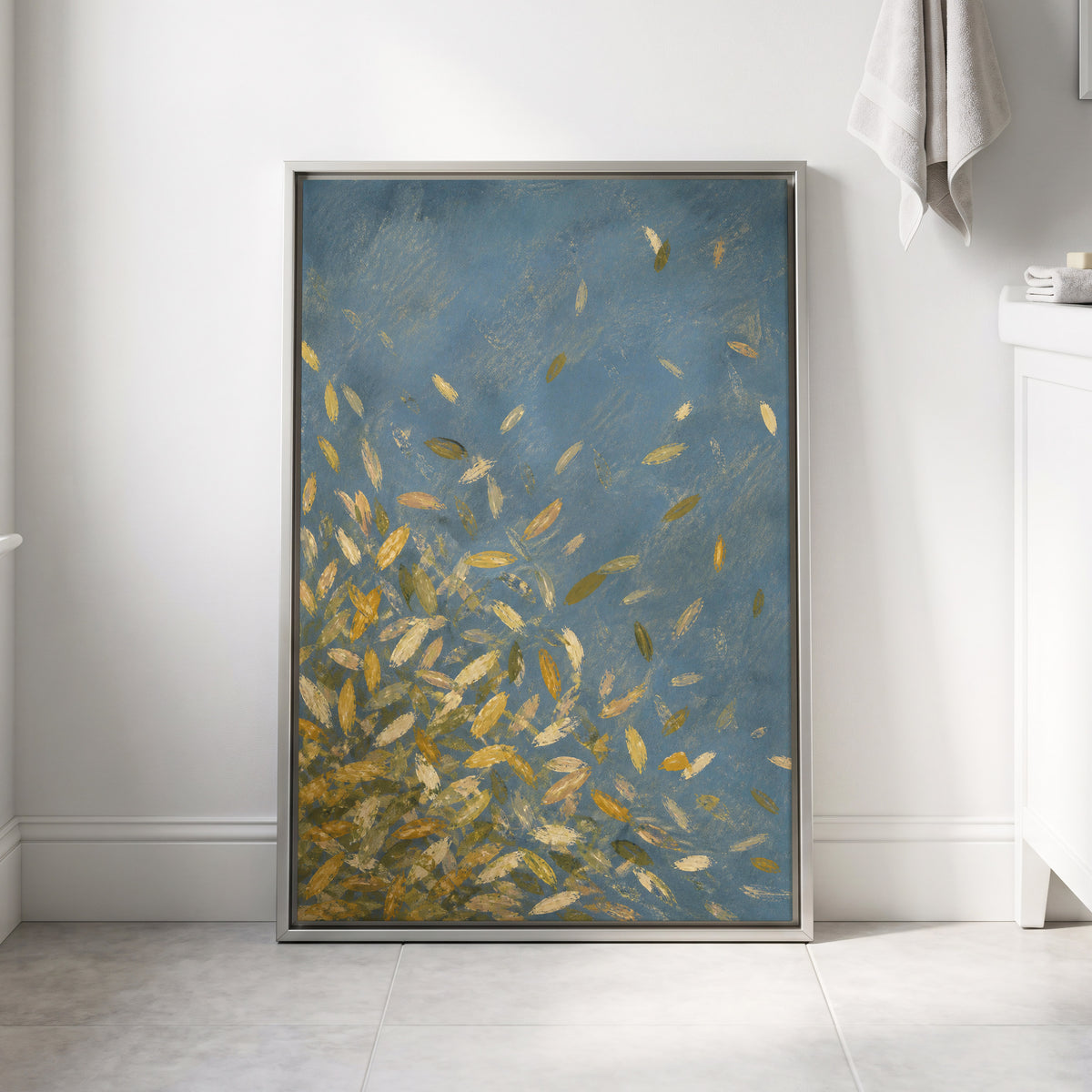 Golden Drift, blue, gold, beige nature wall art displayed in a styled interior, gallery view 8