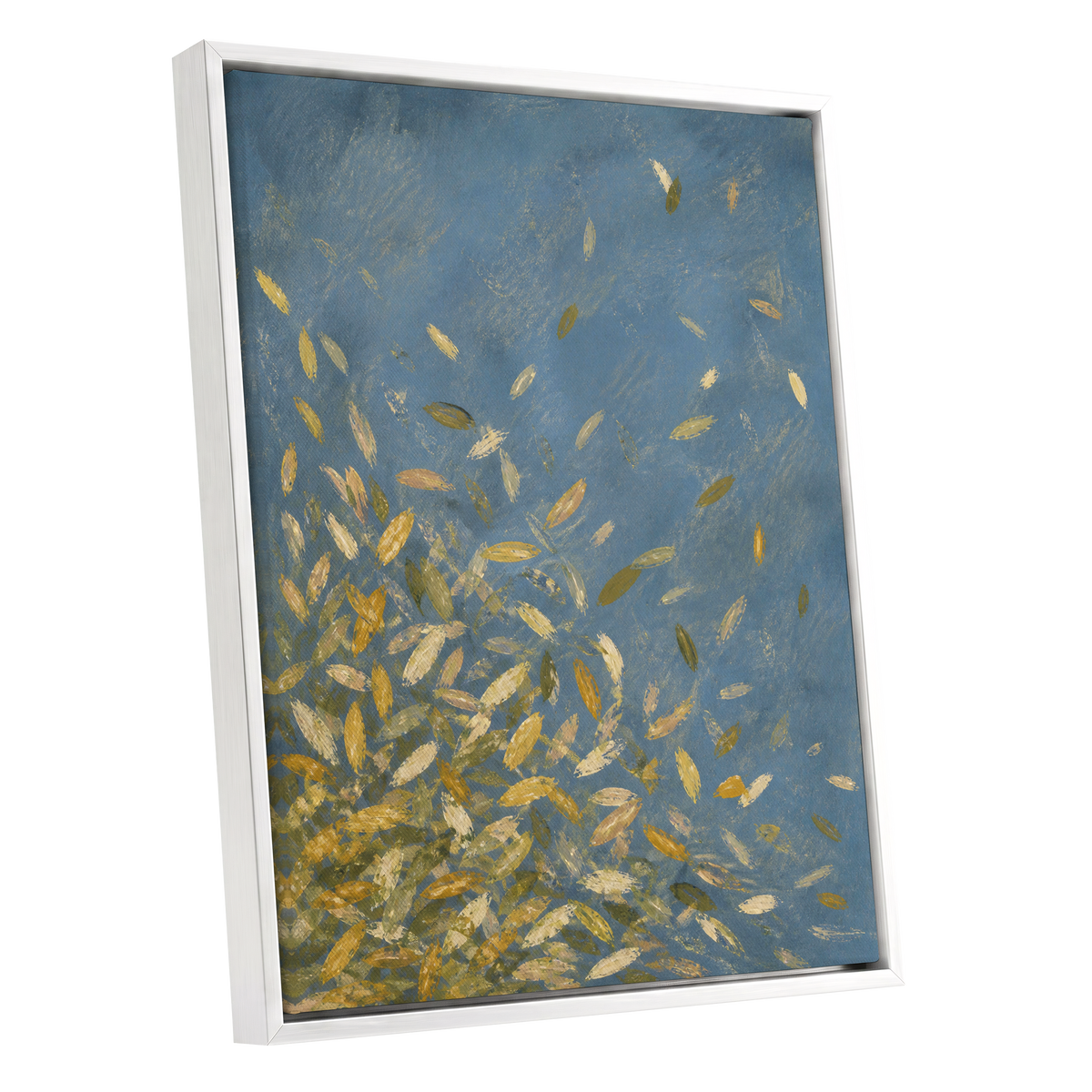 Golden Drift, blue, gold, beige nature wall art shown as a white framed canvas wall art