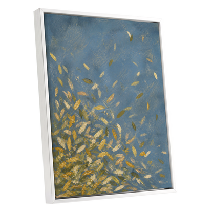 Golden Drift, blue, gold, beige nature wall art shown as a white framed canvas wall art