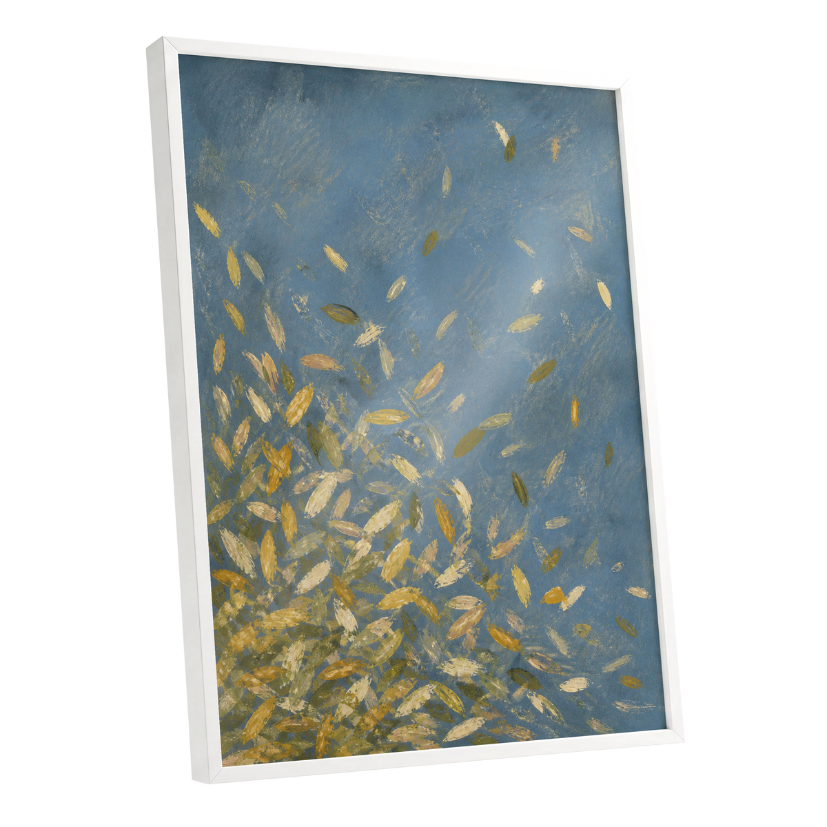 Golden Drift, blue, gold, beige nature wall art shown as a white framed poster wall art print