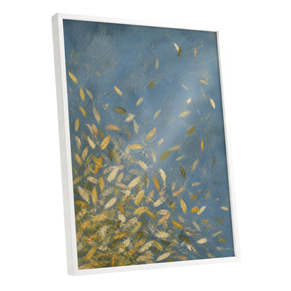 Golden Drift, blue, gold, beige nature wall art shown as a white framed poster wall art print