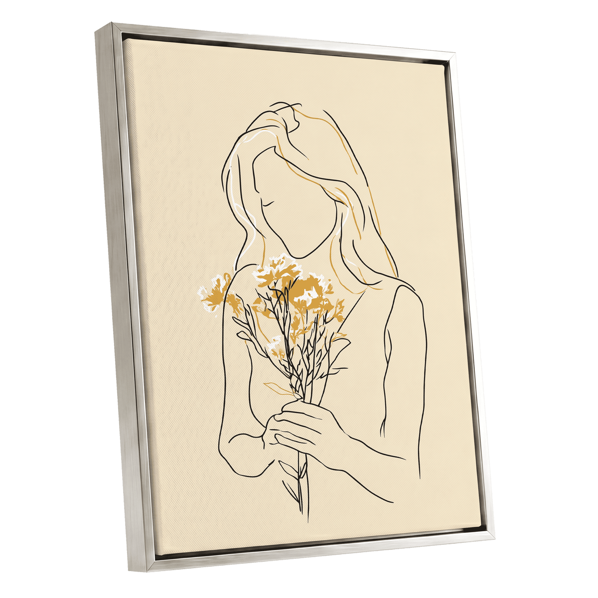Golden Floral Silhouette: a framed art print featuring a minimalist line drawing of a woman holding yellow flowers, set against a cream background with a silver frame.