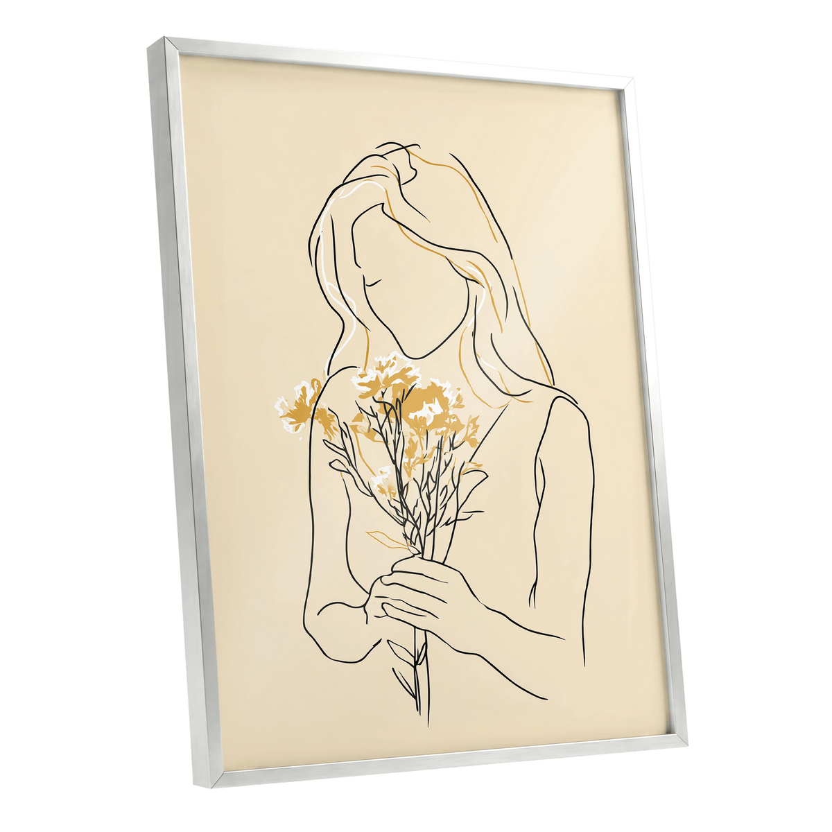 Golden Floral Silhouette: a framed minimalist art print featuring a continuous line drawing of a woman holding yellow flowers, set against a warm cream background with a silver frame.