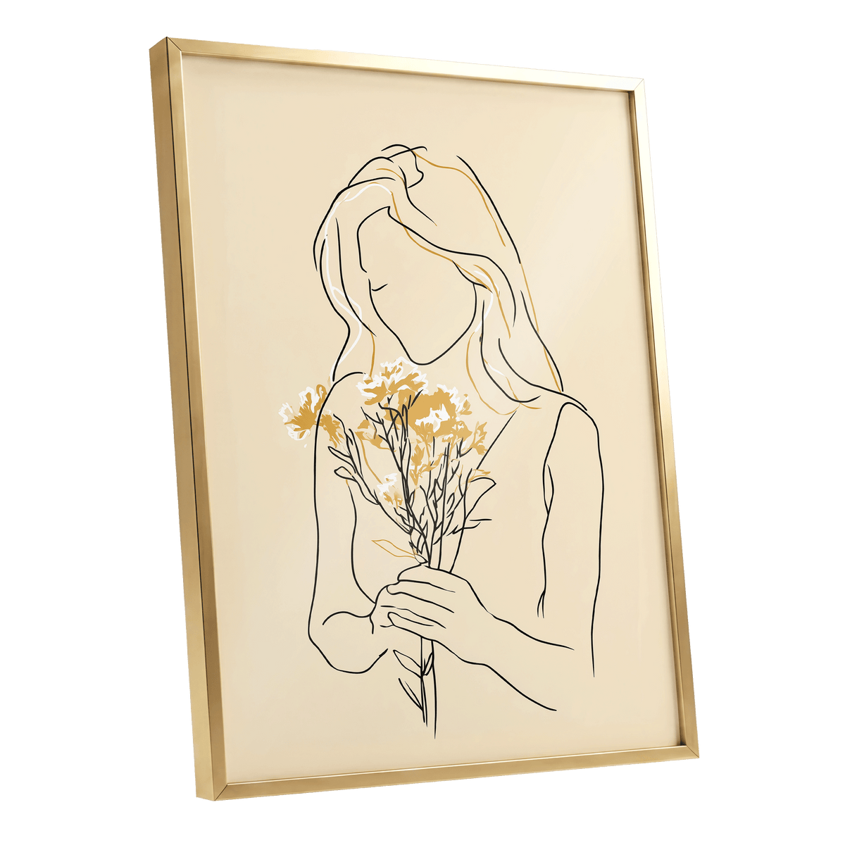 Golden Floral Silhouette: framed wall art featuring a minimalist black line drawing of a woman holding yellow flowers on a warm cream background, enclosed in a thin gold frame.