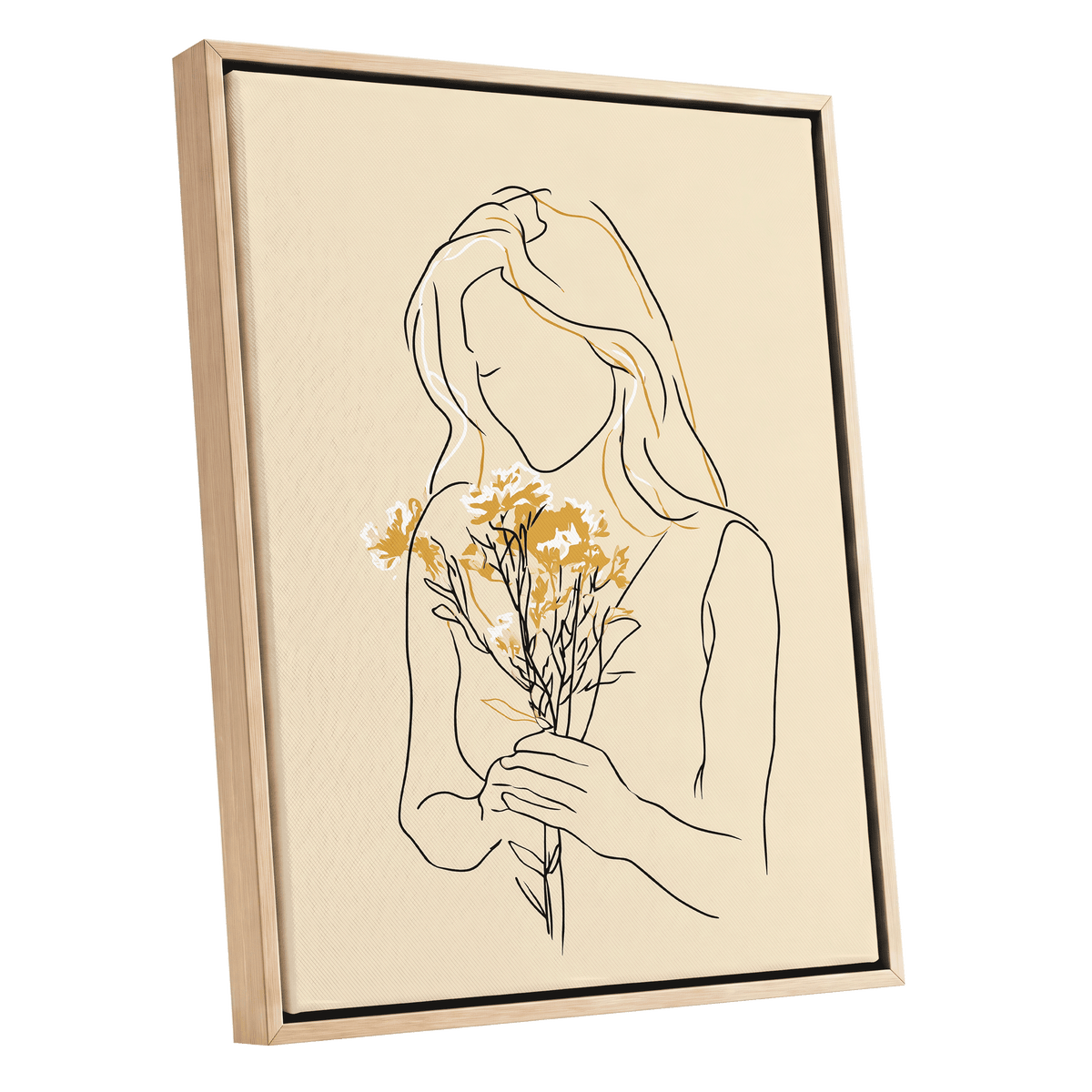 Golden Floral Silhouette: a vertical canvas art print featuring a minimalist black line drawing of a woman holding yellow flowers, displayed in a styled kitchen setting with dark green cabinets and patterned tile flooring.