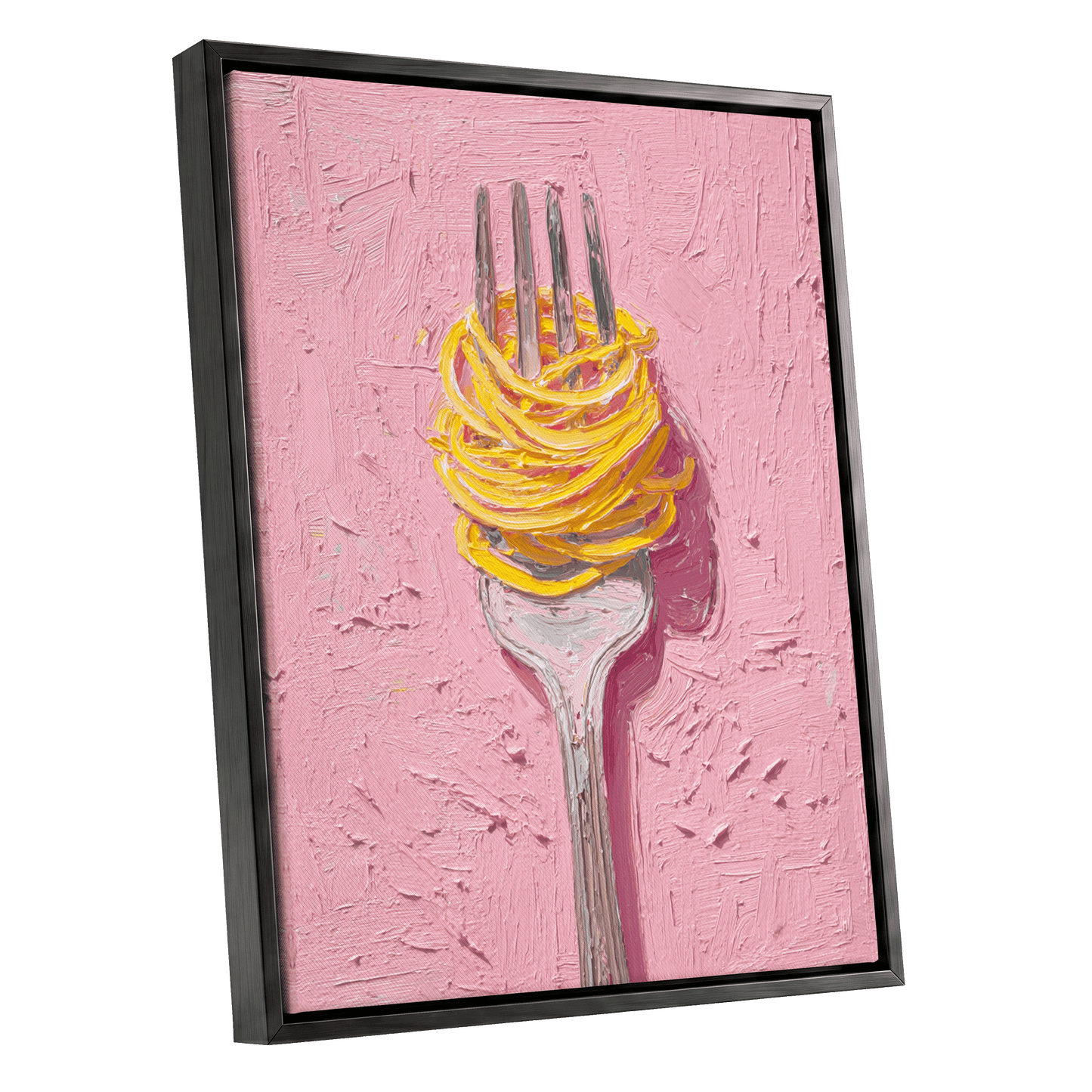 Golden Forkful, pink, yellow, gray minimalist wall art shown as a black framed canvas wall art