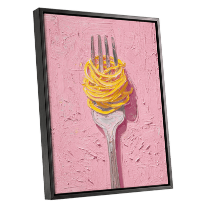 Golden Forkful, pink, yellow, gray minimalist wall art shown as a black framed canvas wall art