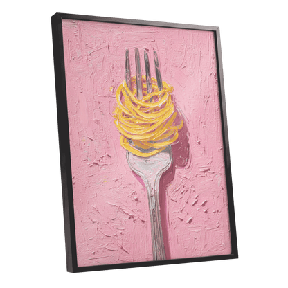 Golden Forkful, pink, yellow, gray minimalist wall art shown as a black framed poster wall art print