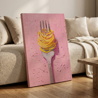 Golden Forkful, pink, yellow, gray minimalist wall art on canvas displayed in a styled interior, gallery view 1