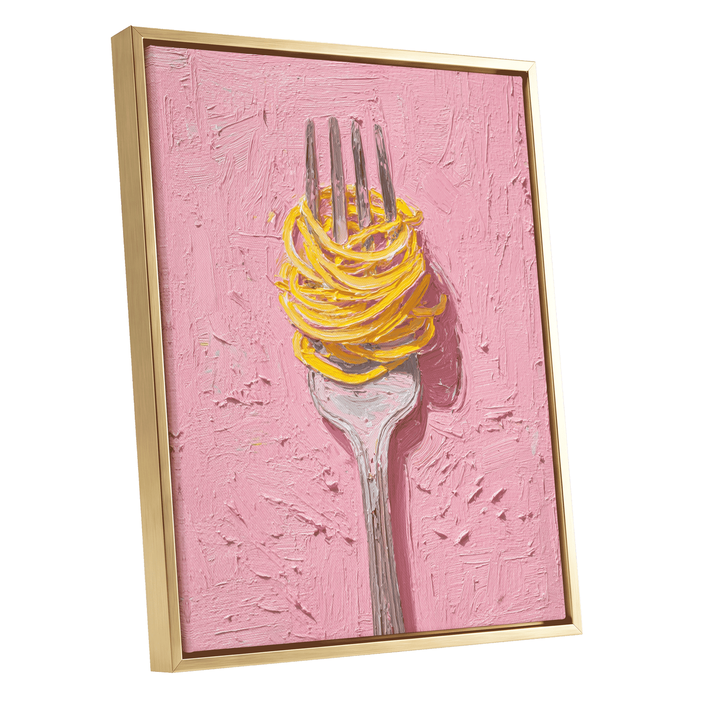 Golden Forkful, pink, yellow, gray minimalist wall art shown as a gold framed canvas wall art