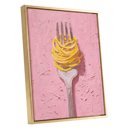 Golden Forkful, pink, yellow, gray minimalist wall art shown as a gold framed canvas wall art