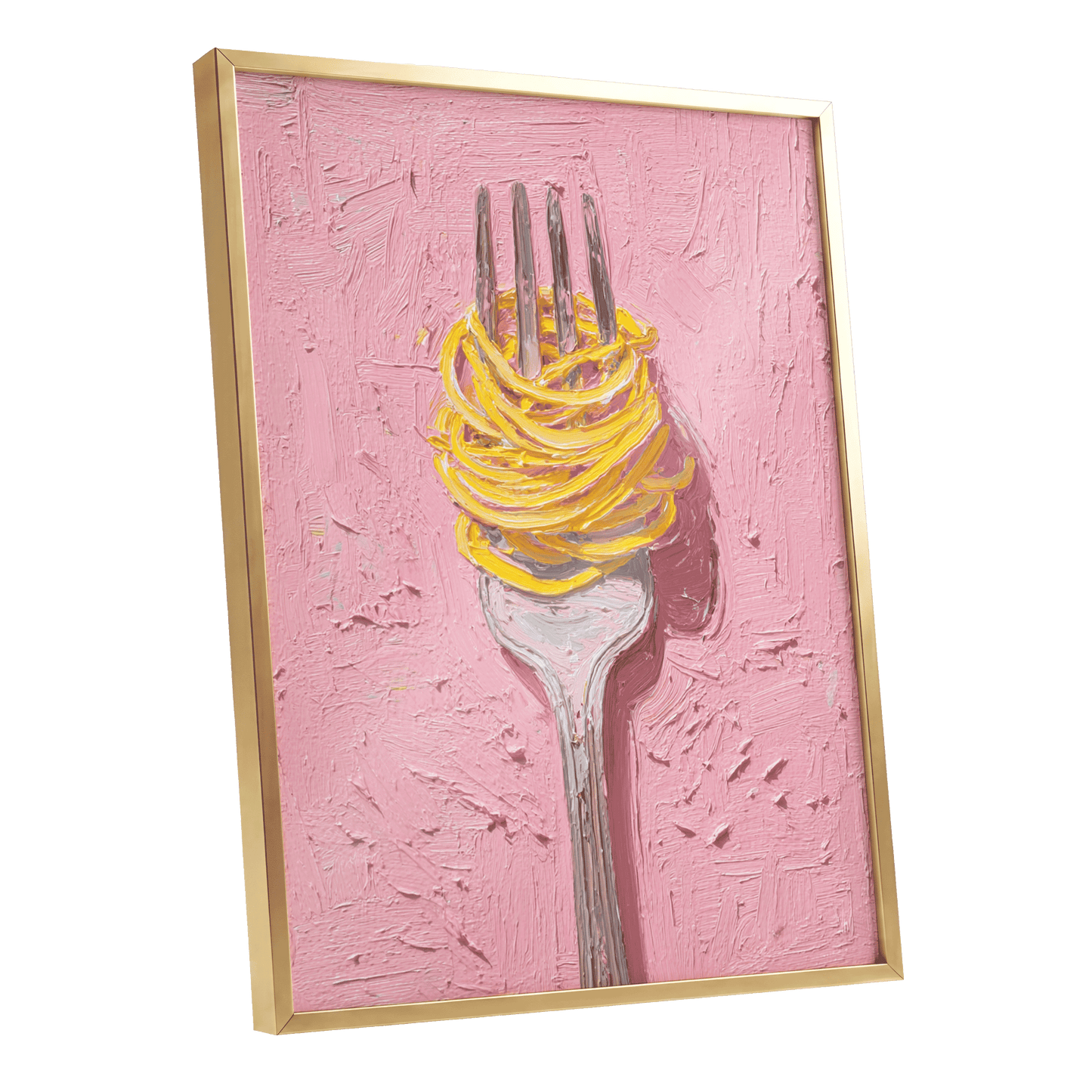 Golden Forkful, pink, yellow, gray minimalist wall art shown as a gold framed poster wall art print