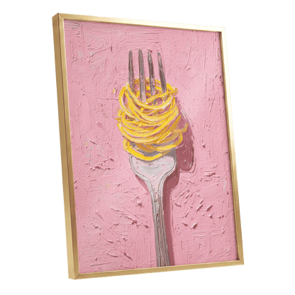 Golden Forkful, pink, yellow, gray minimalist wall art shown as a gold framed poster wall art print