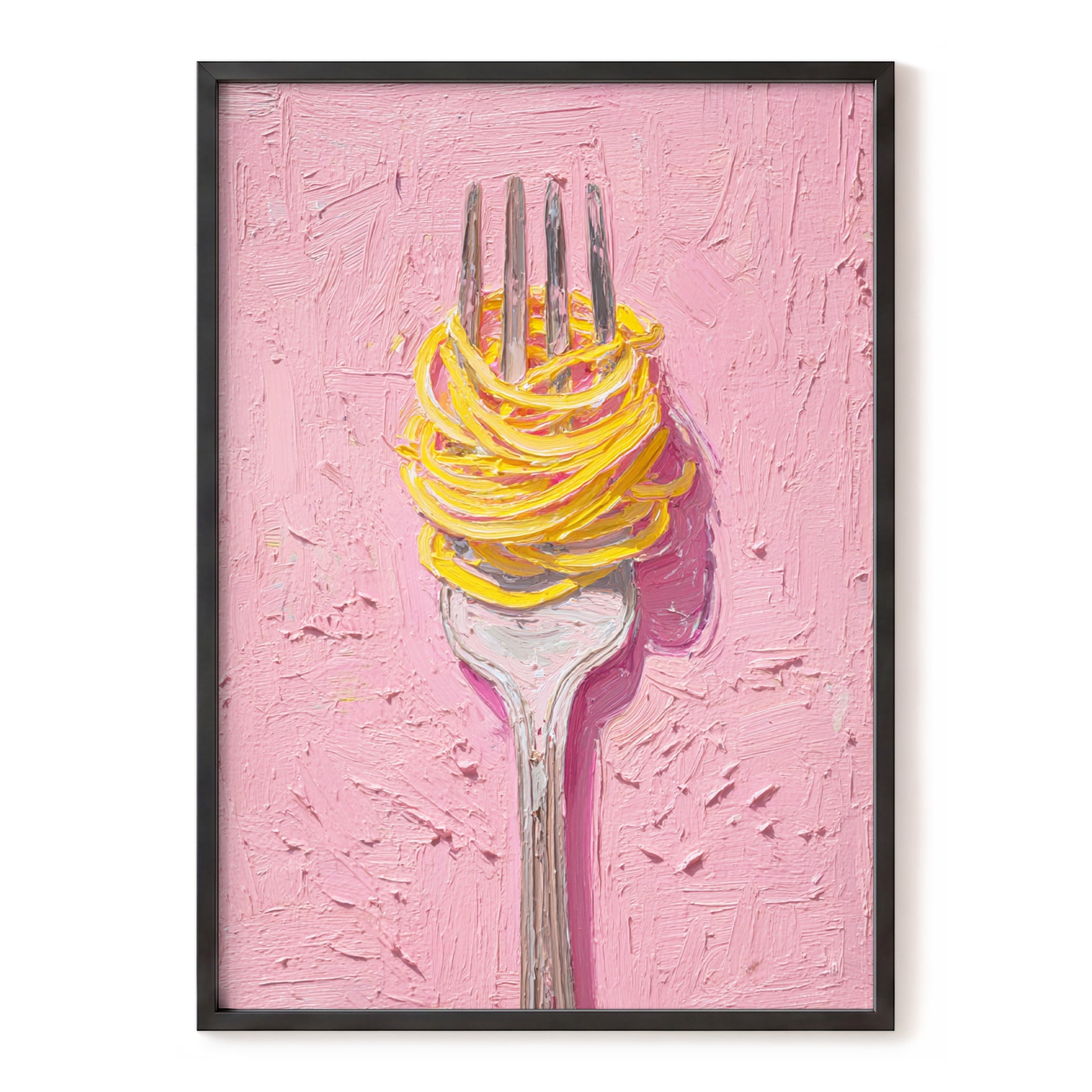 Golden Forkful, pink, yellow, gray minimalist wall art, front artwork view