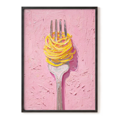 Golden Forkful, pink, yellow, gray minimalist wall art, front artwork view