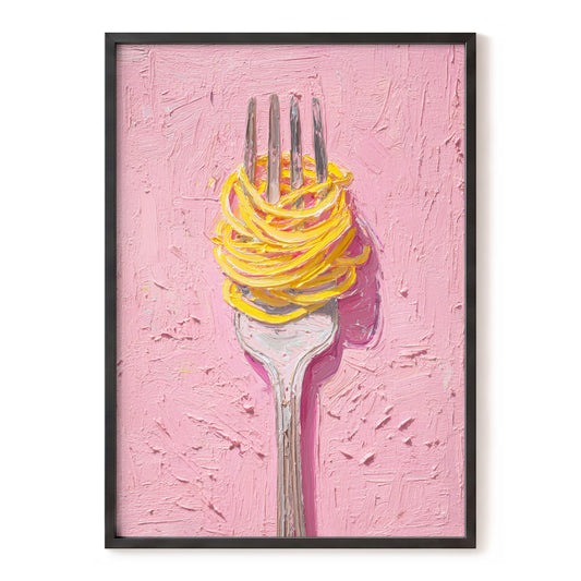 Golden Forkful, pink, yellow, gray minimalist wall art, front artwork view