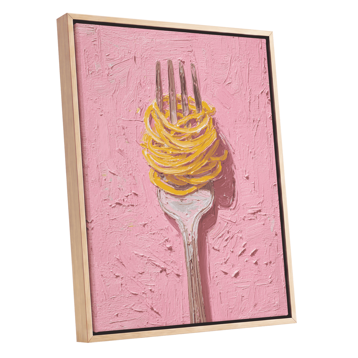 Golden Forkful, pink, yellow, gray minimalist wall art shown as a oak framed canvas wall art