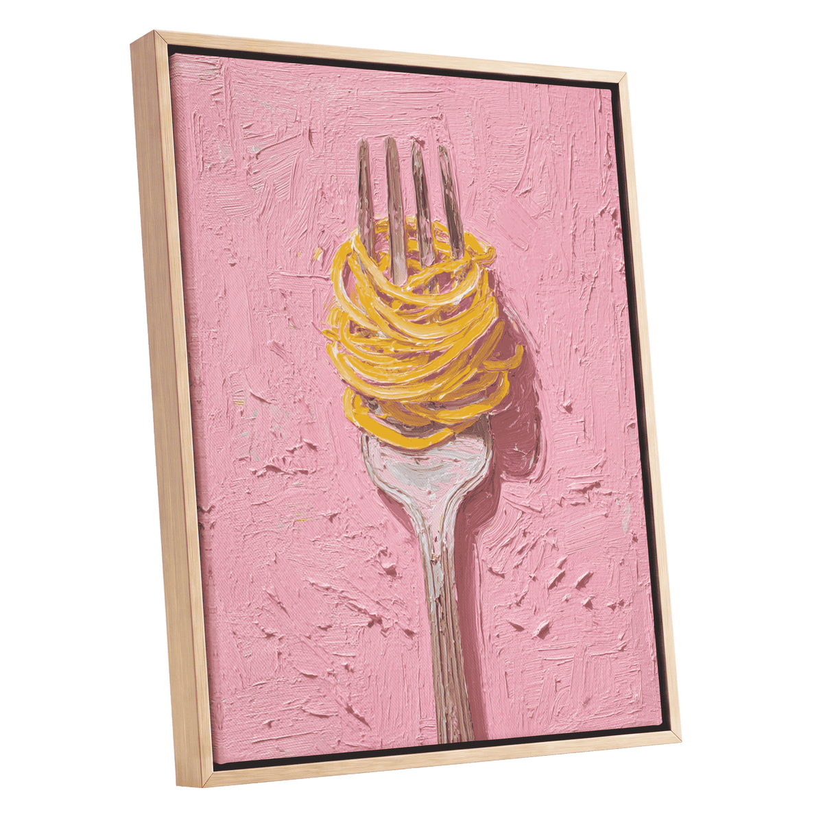 Golden Forkful, pink, yellow, gray minimalist wall art shown as a oak framed canvas wall art