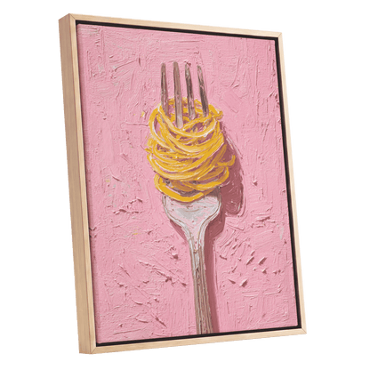 Golden Forkful, pink, yellow, gray minimalist wall art shown as a oak framed canvas wall art