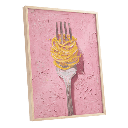 Golden Forkful, pink, yellow, gray minimalist wall art shown as a oak framed poster wall art print