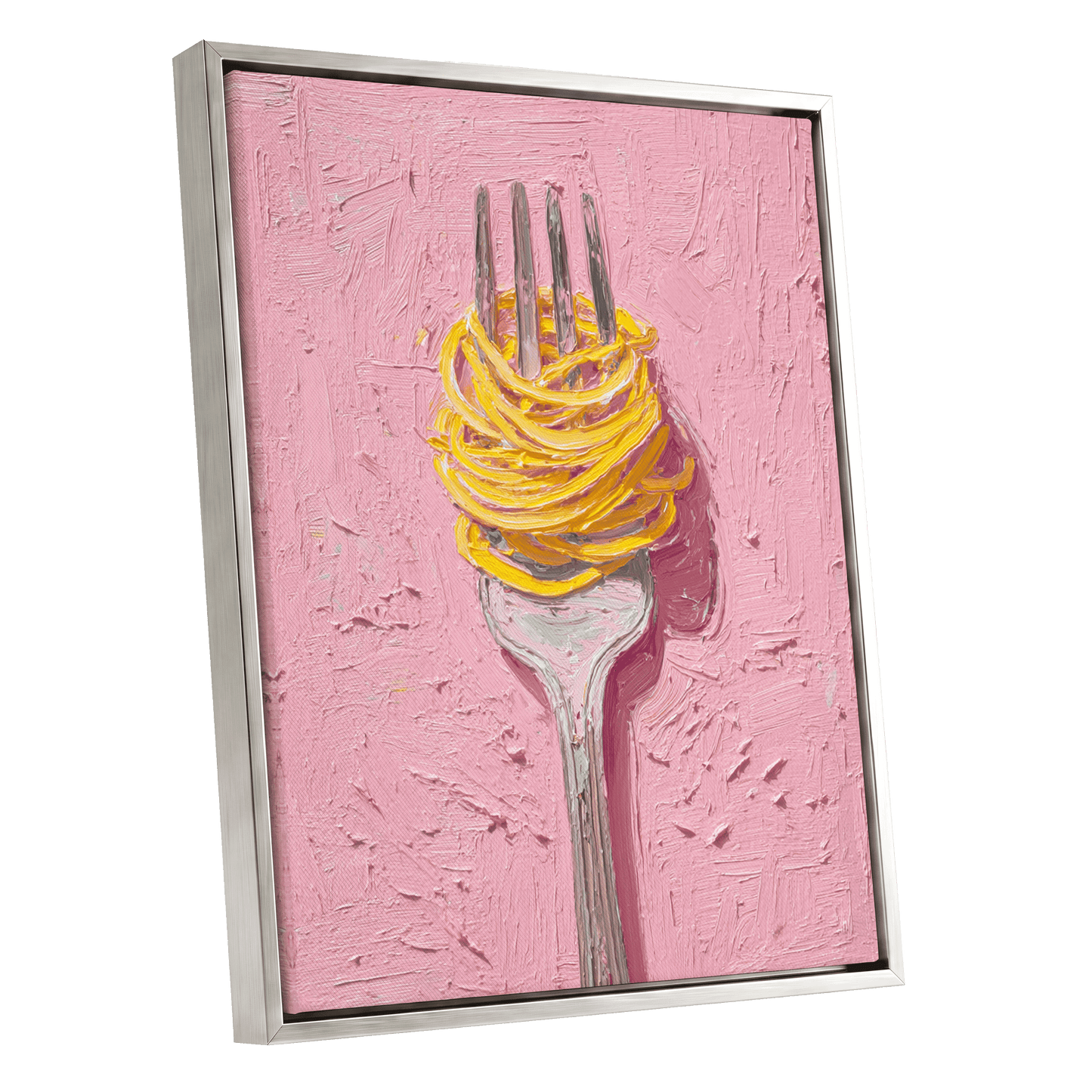 Golden Forkful, pink, yellow, gray minimalist wall art shown as a silver framed canvas wall art
