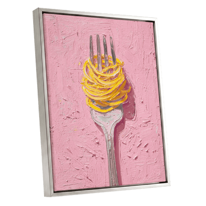 Golden Forkful, pink, yellow, gray minimalist wall art shown as a silver framed canvas wall art