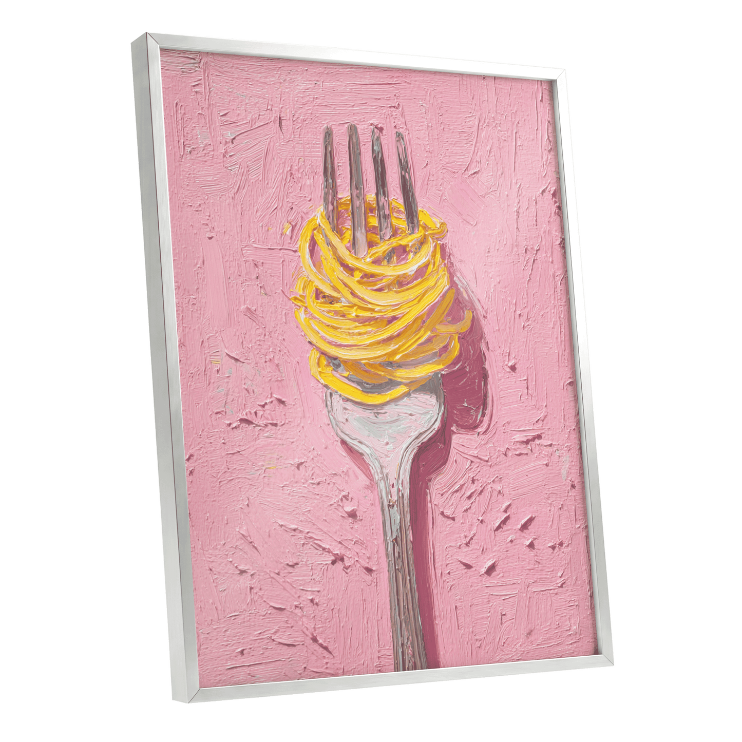 Golden Forkful, pink, yellow, gray minimalist wall art shown as a silver framed poster wall art print