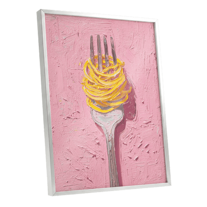 Golden Forkful, pink, yellow, gray minimalist wall art shown as a silver framed poster wall art print