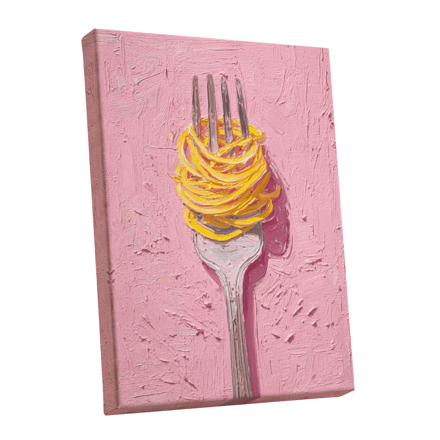 Golden Forkful, pink, yellow, gray minimalist wall art shown as a stretched canvas wall art