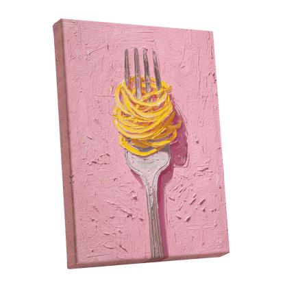 Golden Forkful, pink, yellow, gray minimalist wall art shown as a stretched canvas wall art