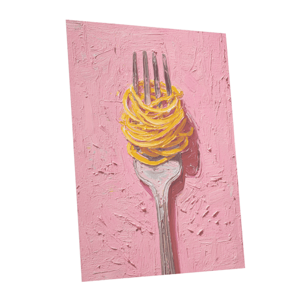 Golden Forkful, pink, yellow, gray minimalist wall art shown as a unframed poster wall art print