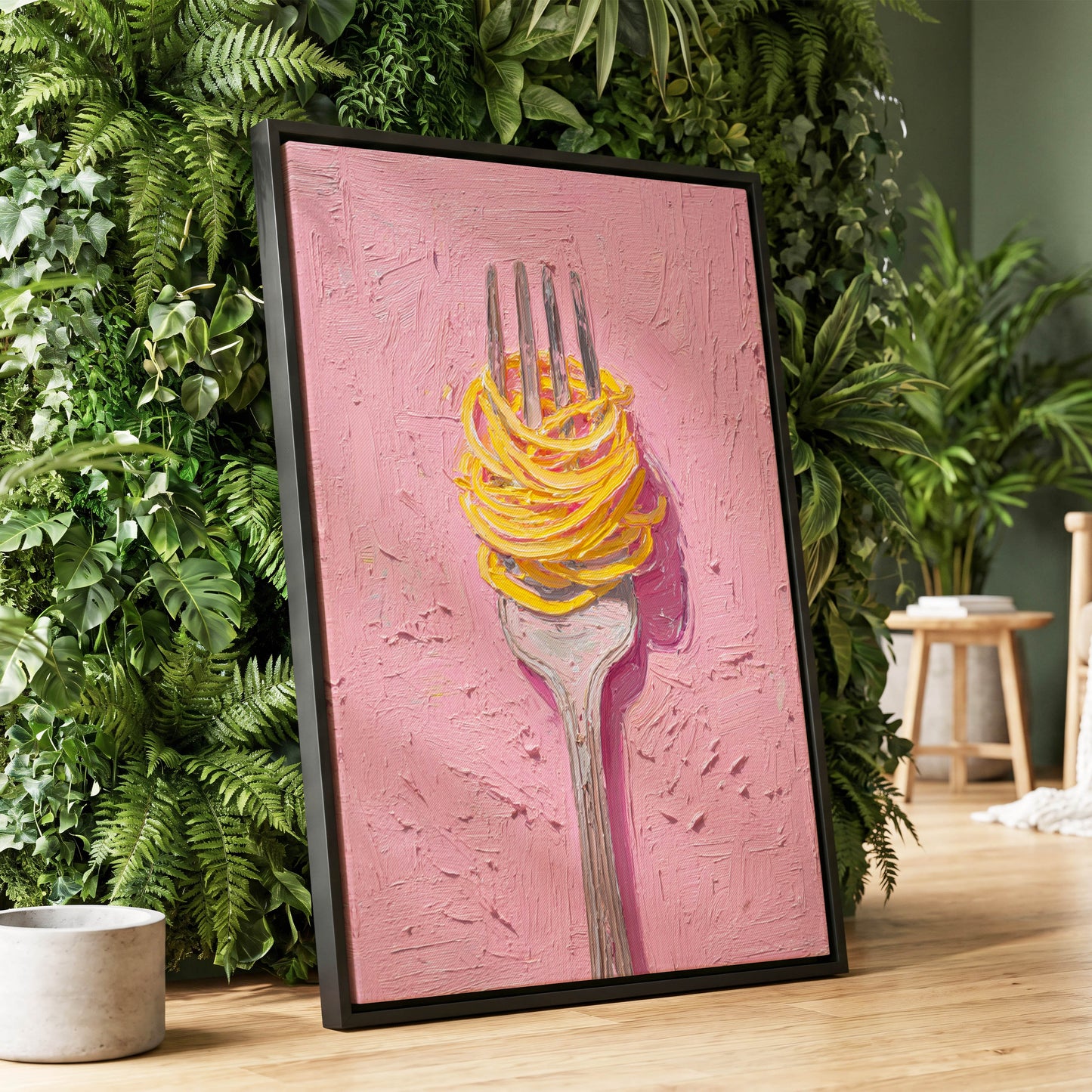 Golden Forkful, pink, yellow, gray minimalist wall art displayed in a styled interior, gallery view 1
