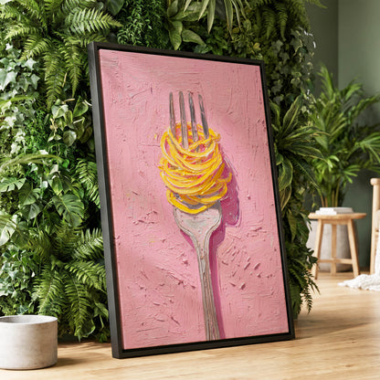 Golden Forkful, pink, yellow, gray minimalist wall art displayed in a styled interior, gallery view 1