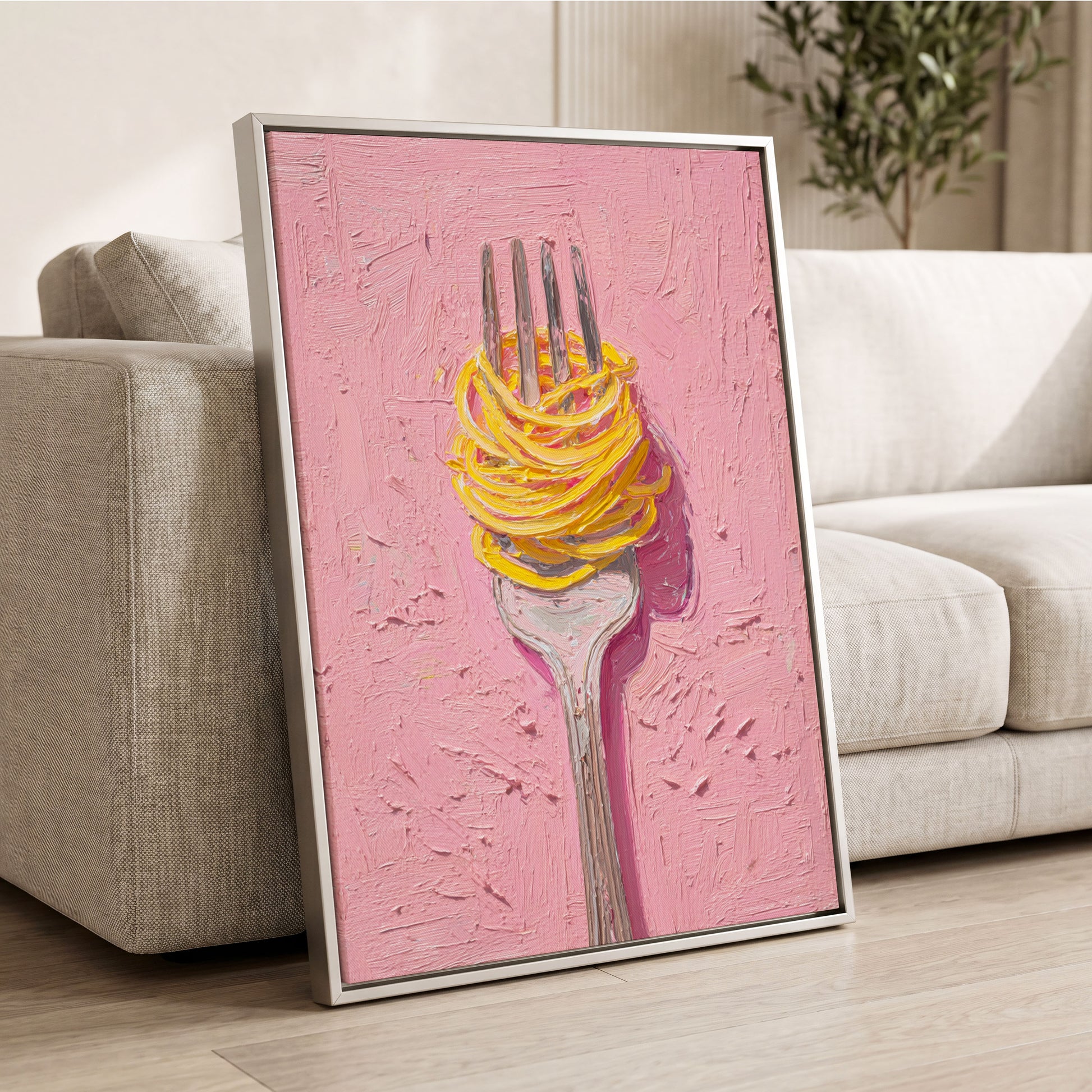 Golden Forkful, pink, yellow, gray minimalist wall art displayed in a styled interior, gallery view 2