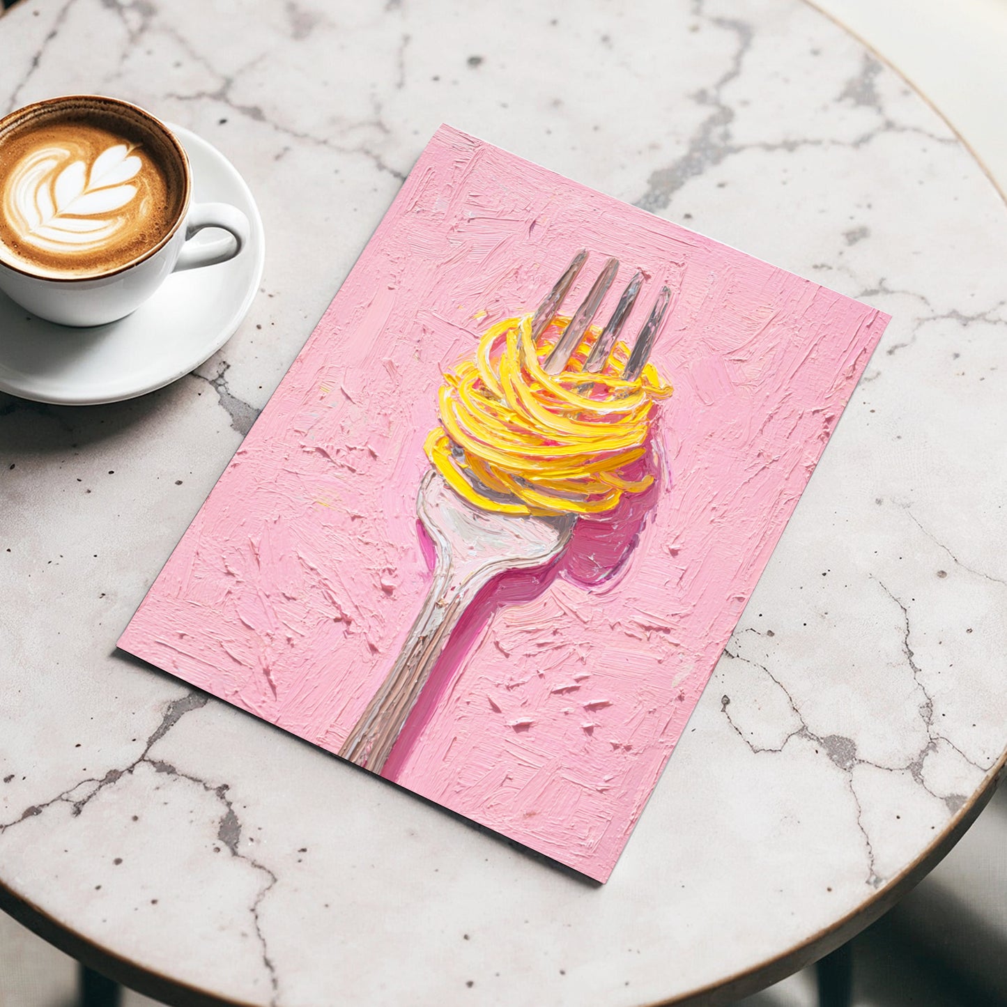 Golden Forkful, pink, yellow, gray minimalist wall art displayed in a styled interior, gallery view 3