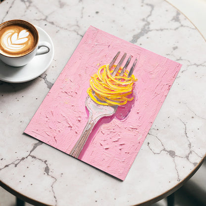Golden Forkful, pink, yellow, gray minimalist wall art displayed in a styled interior, gallery view 3