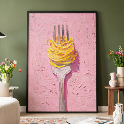 Golden Forkful, pink, yellow, gray minimalist wall art displayed in a styled interior, gallery view 4