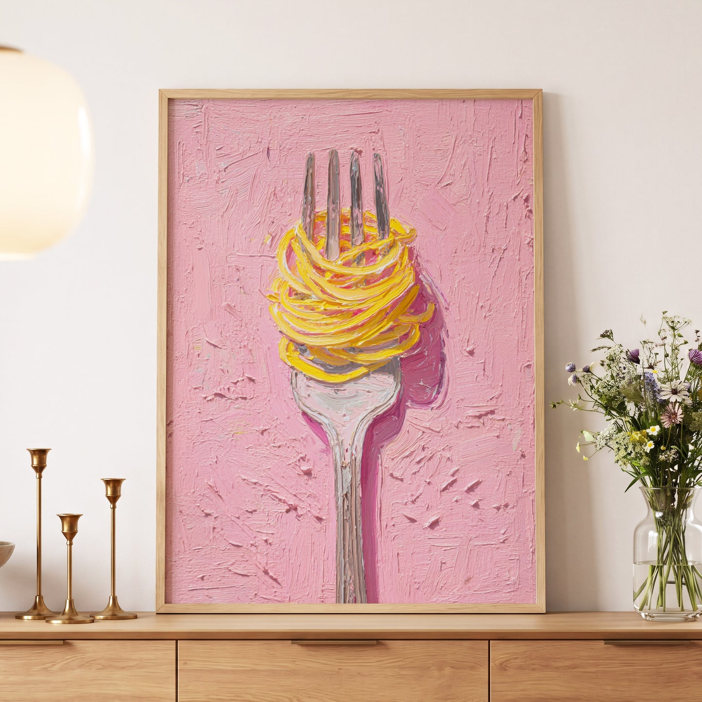 Golden Forkful, pink, yellow, gray minimalist wall art displayed in a styled interior, gallery view 5