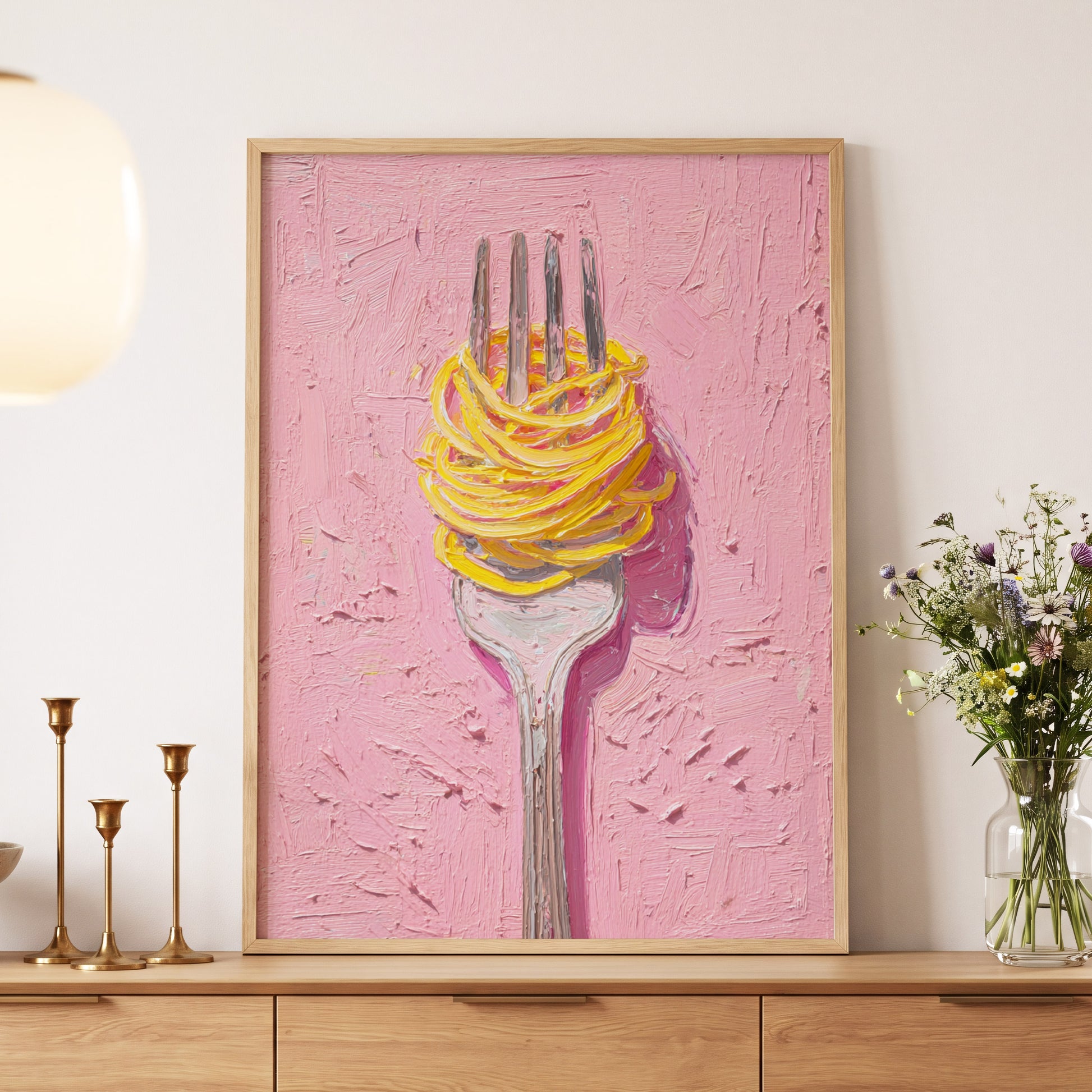 Golden Forkful, pink, yellow, gray minimalist wall art displayed in a styled interior, gallery view 5