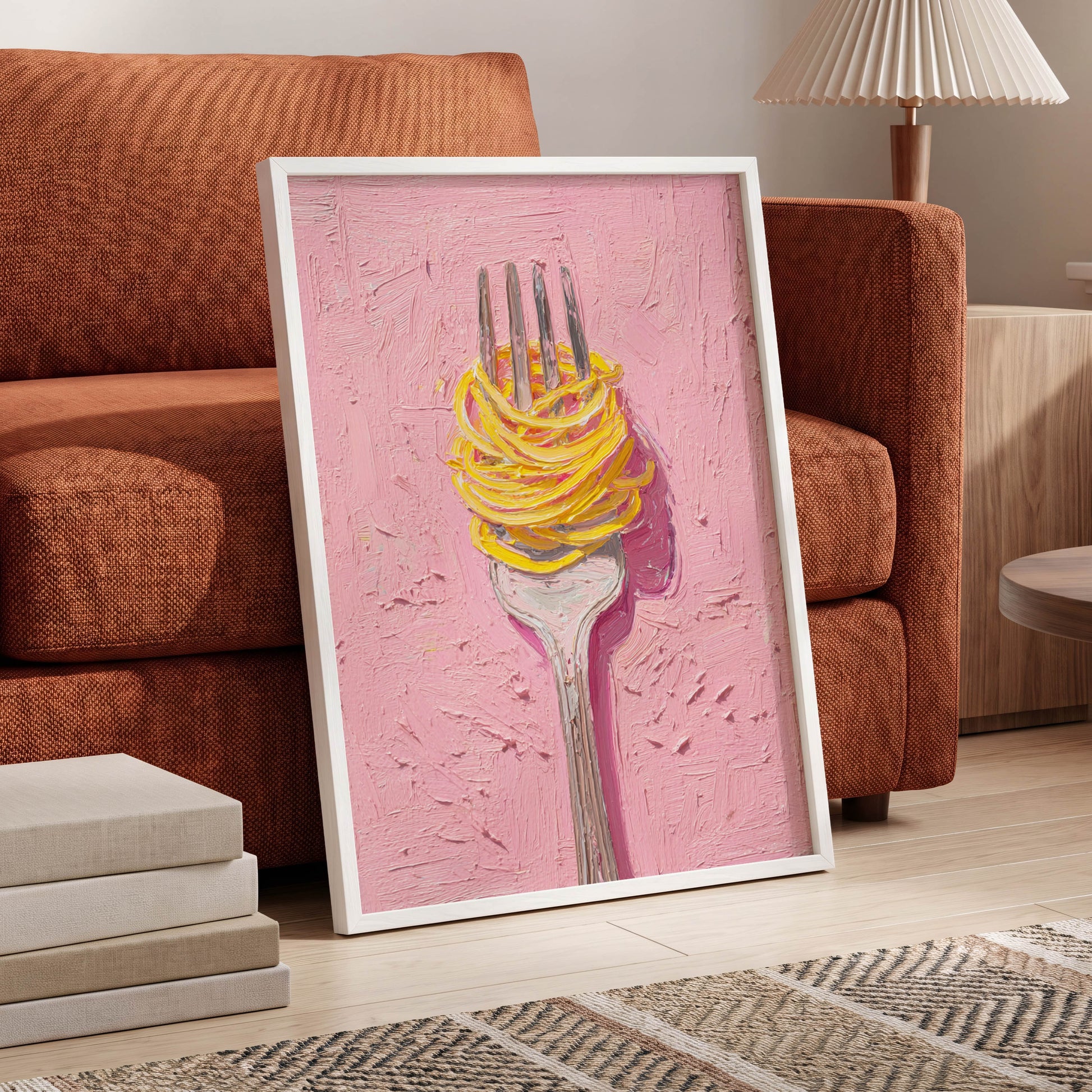 Golden Forkful, pink, yellow, gray minimalist wall art displayed in a styled interior, gallery view 6