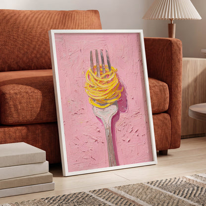 Golden Forkful, pink, yellow, gray minimalist wall art displayed in a styled interior, gallery view 6