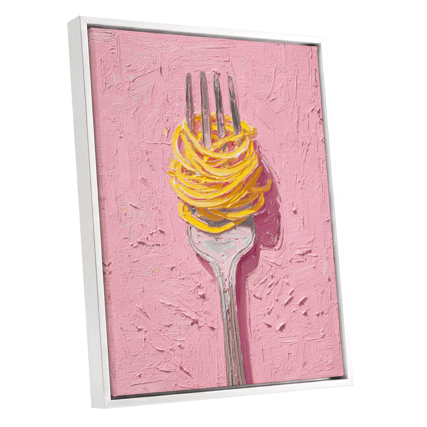 Golden Forkful, pink, yellow, gray minimalist wall art shown as a white framed canvas wall art
