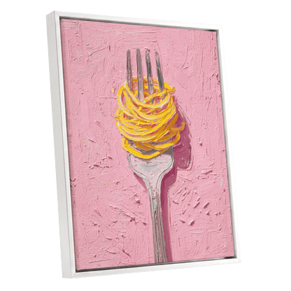 Golden Forkful, pink, yellow, gray minimalist wall art shown as a white framed canvas wall art